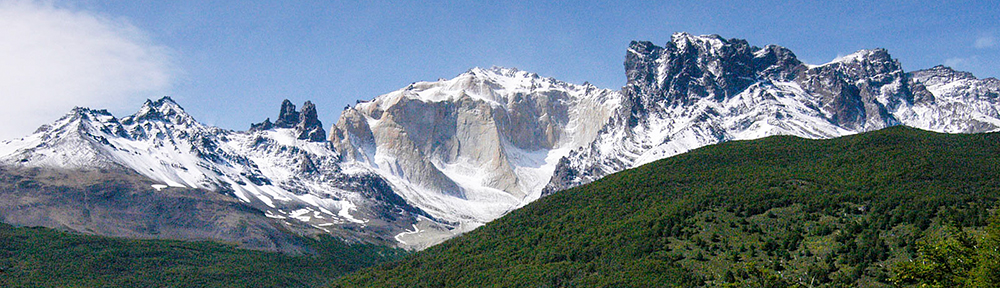 A view of a grassy mountain and a snow-capped mountain