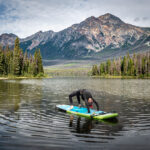 A woman bending on top of a paddle board in Pyramid Lake  