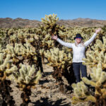 A woman posing in the middle of cactus plants